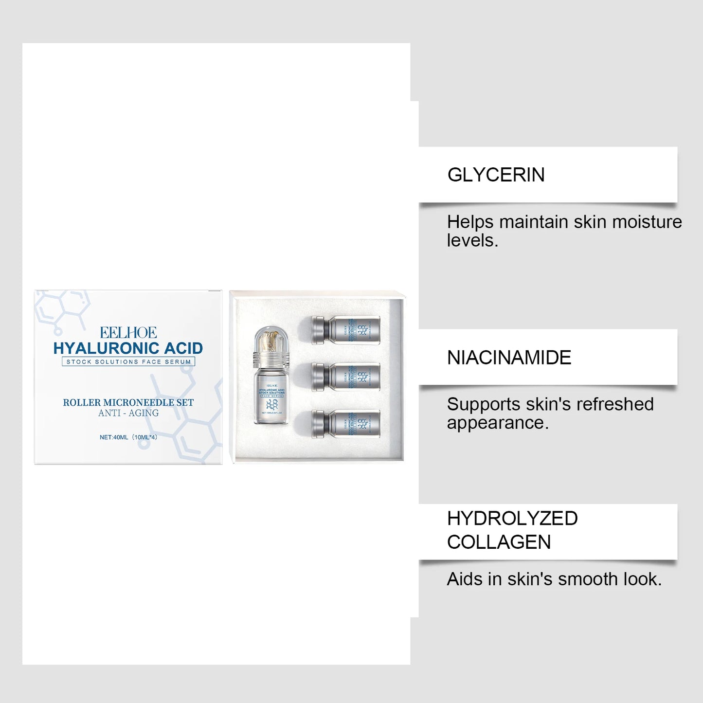 Hyaluronic Acid  Face Serum with Roller Microneedle with  Moisturizing Anti-Wrinkle Facial Serum