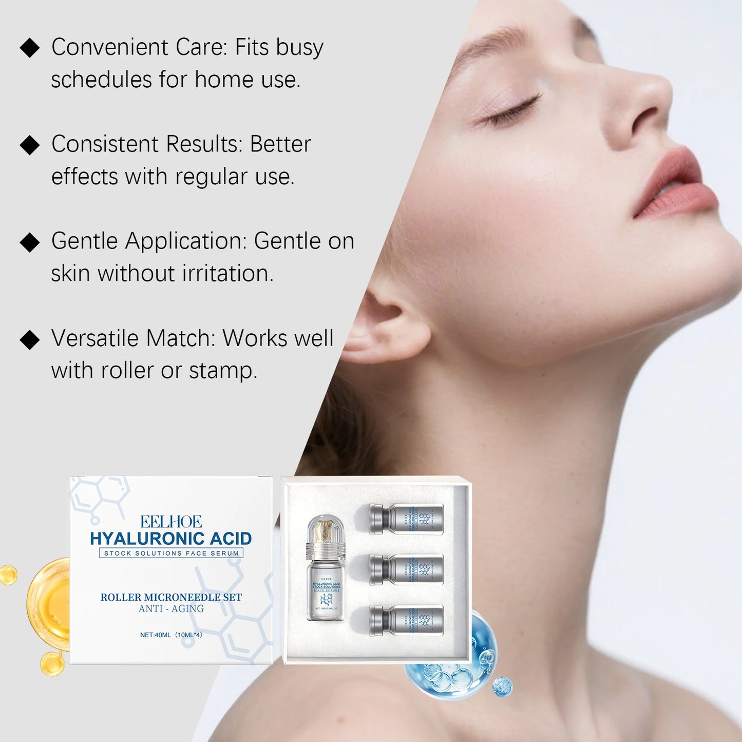 Hyaluronic Acid  Face Serum with Roller Microneedle with  Moisturizing Anti-Wrinkle Facial Serum