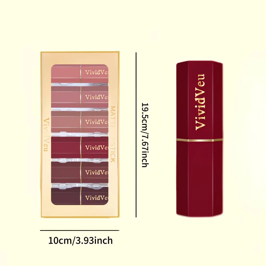 Luxurious 6-Piece Matte Lipstick Set: Long-lasting and highly pigmented, featuring a creamy-smooth texture suitable for all skin tones—perfect for both everyday wear and festive party looks.