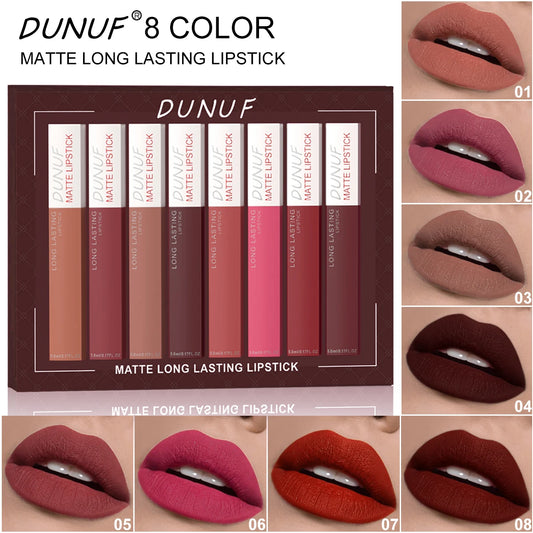 8pc/set Long-Lasting Lip Gloss . Matte,  Waterproof Lipstick with Non-transfer and Highly Pigmented Nude Re  Makeup