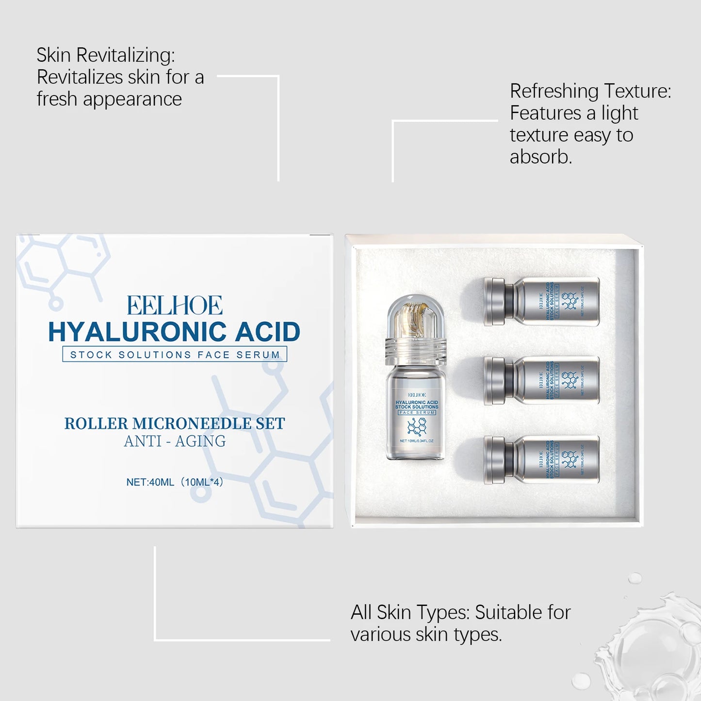 Hyaluronic Acid  Face Serum with Roller Microneedle with  Moisturizing Anti-Wrinkle Facial Serum