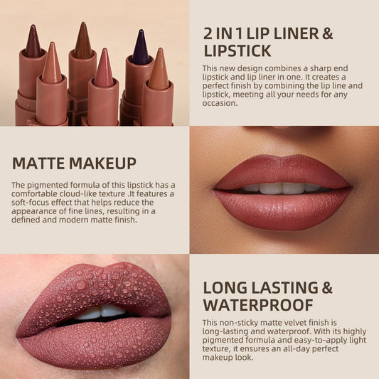 Matte Black & Brown Velvet Lipstick , Waterproof , Non Stickywith  Contouring Tint Lipliner. 6 Colors